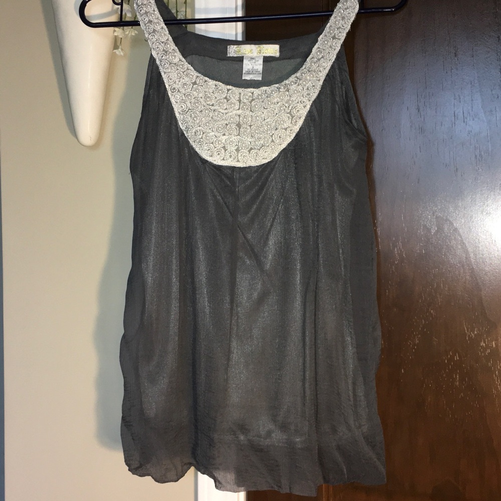 Love Notes Gray Tank with Cream Lace Accent